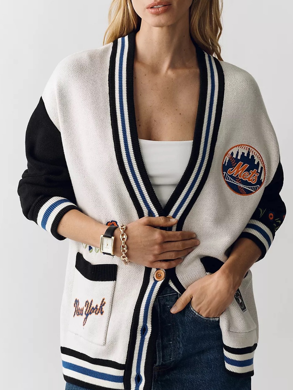 NY Mets Womens Varsity Cardigan Jacket in White & Black